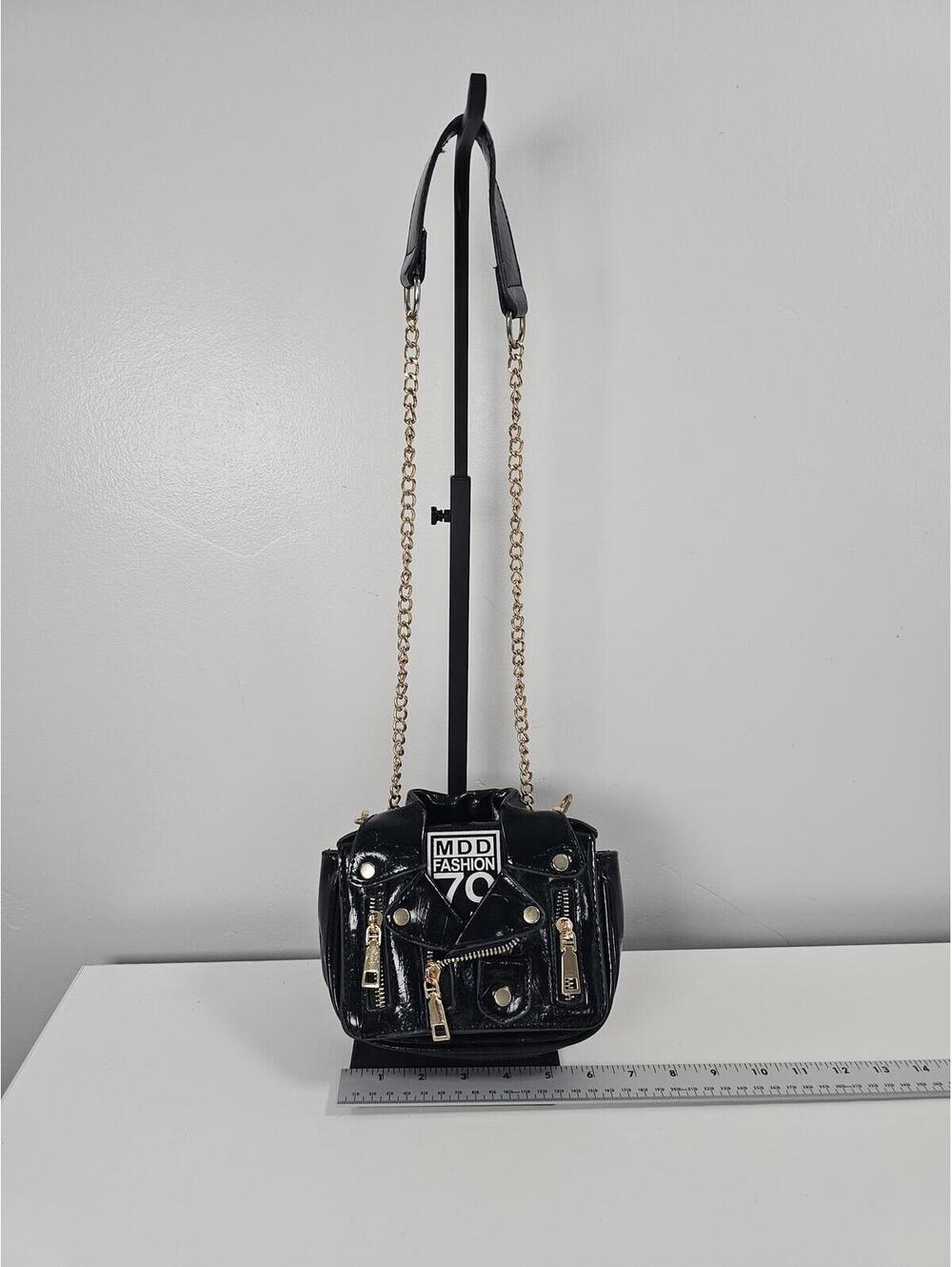 MDD Fashion 79 Black Patent Mini Crossbody Bag with Gold Chain Strap